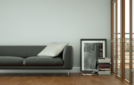 Interior design bright room with black leather sofa 3d Illustrationの写真素材