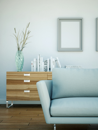 Interior design modern bright room with white sofa 3d Illustrationの写真素材