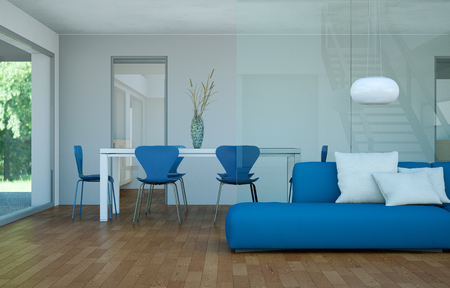 Interior design modern bright room with blue sofa 3d Illustrationの写真素材