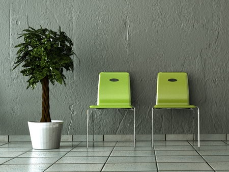 Room with two green in front of a wall 3d Illustrationの写真素材