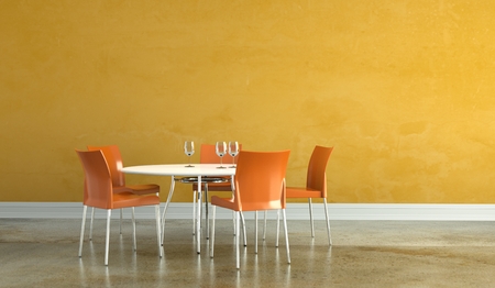 Dining room interior design tabel with orange chairs 3D Illustration