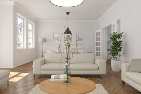 modern white skandinavian interior design living room 3d Illustration