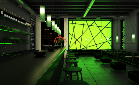 green coffee restaurant indoor with wooden furniture 3d Illustrationの写真素材