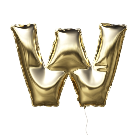 3D W Lettering made of golden inflatable balloon isolated on white background 3D Illustrationの写真素材