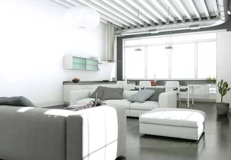 Modern bright living room interior design with sofas and grey wall 3d Illustrationの写真素材