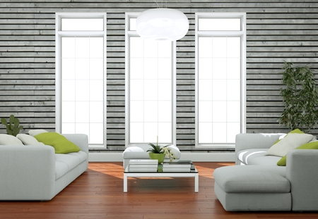 Modern bright living room interior design with sofas and wooden wall 3d Illustration