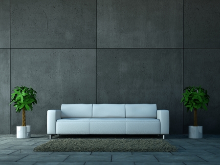 Interior design modern bright room with white sofa 3d Illustration