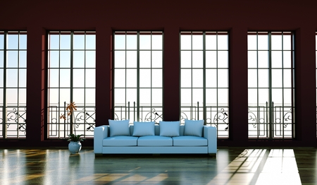 Interior design modern bright room with white sofa 3d Illustration