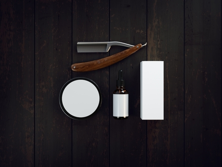Set of vintage tools of a barber product packaging 3d Illustrationの写真素材