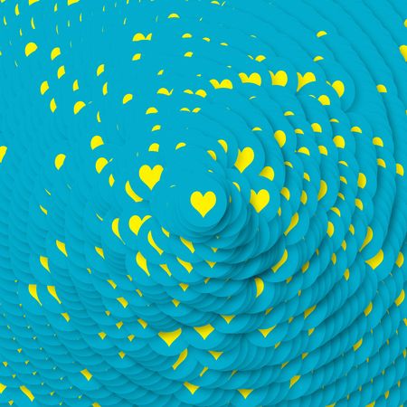 Background design with lots of yellow hearts in blue circlesの写真素材