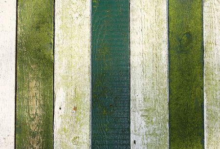 Green and white painted wooden planks with mossの写真素材