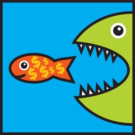 Big fish with sharp teeth would eat small fish with dollar signs (financial recession, money...