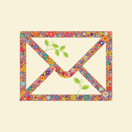 Envelope made out of bright colored flowers and two branches with green leavesのイラスト素材