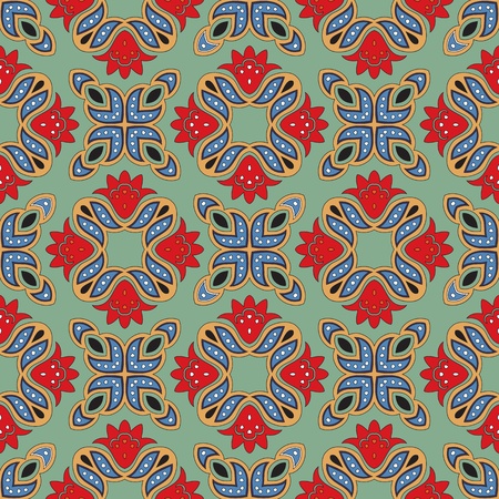 Cheerful, seamless and colorful floral pattern with dots on a green backgroundのイラスト素材