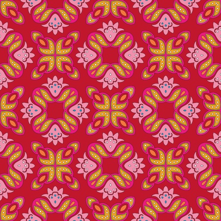 Cheerful, seamless and colorful floral pattern with dots on a bright red backgroundのイラスト素材