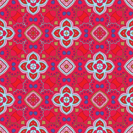 Cheerful, seamless and colorful floral pattern with swirls on a bright red backgroundのイラスト素材