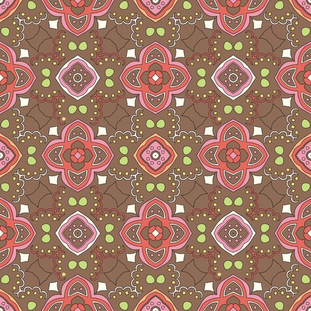 Cheerful, seamless and colorful floral pattern with swirls on a brown backgroundのイラスト素材