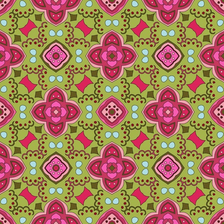 Cheerful, seamless and colorful floral pattern with dots on a green backgroundのイラスト素材