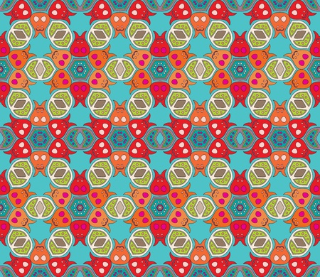 Cheerful, seamless and colorful floral pattern with dots on a blue green backgroundのイラスト素材