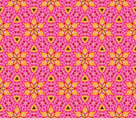 Seamless pattern with abstract flowers and stars in shades of pink, red, orange and blackのイラスト素材