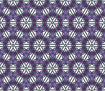 Seamless pattern with abstract flowers and stars in shades of purple, grey and blueのイラスト素材
