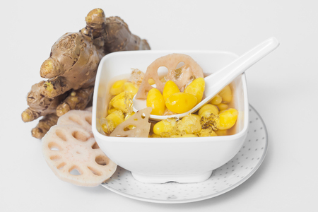 Lotus root ginger, Ginkgo on white backgrouindの写真素材