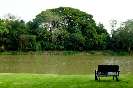 landscape scene with an empty park bench overlooking the waterの写真素材
