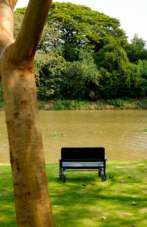 landscape scene with an empty park bench overlooking the waterの写真素材