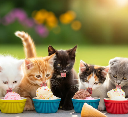 Group of cute kittens eating ice cream in the park. Selective focus.の素材