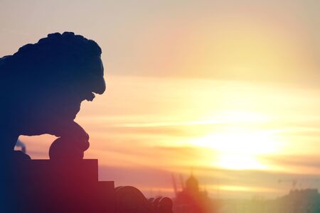 Sculpture of a lion with the ball on the Admiralty embankment on a sunset. Russia. Saint Petersburgの写真素材