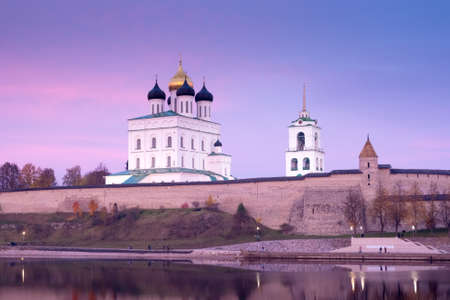 View of the Trinity Cathedral in the Pskov Kremlin at sunset. Russia