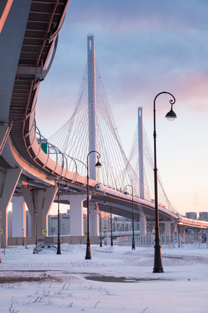 The cable-stayed bridge across the Petrovsky fairway of the western high-speed diameter. St. Petersburg. Russiaの写真素材