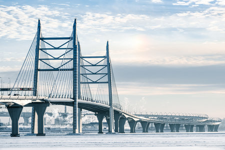 Cable-stayed bridge across the Korabelny fairway. Winter. Saint Petersburg. Russia