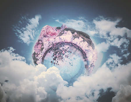 New planet or island on the sky with white cloudsの写真素材