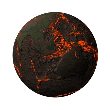 Earth without water and plants in Australia. Along the tectonic plates cracks with rising magma