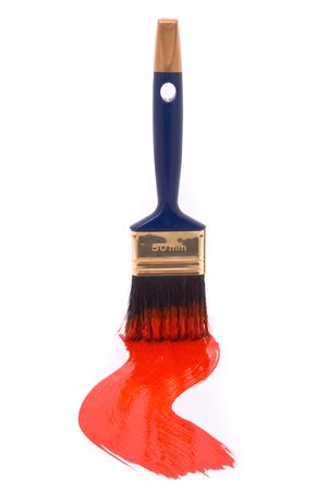 Professional brush with red paint on a white background の写真素材