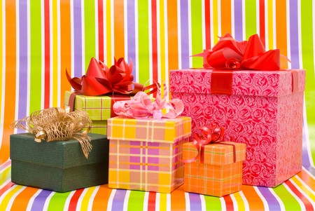 Gift boxes on a stripe backgroundの写真素材