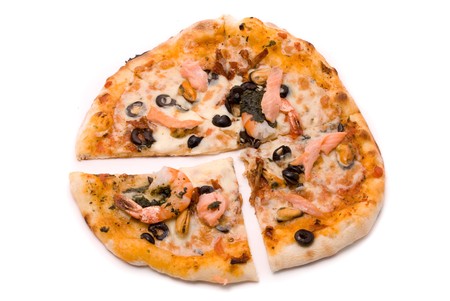 Pizza with cheese, sauce a mafia, a cream from artichokes, shrimps, mussels, olives, sauce of Pesto, tomatoes dried and a salmon smokedの写真素材