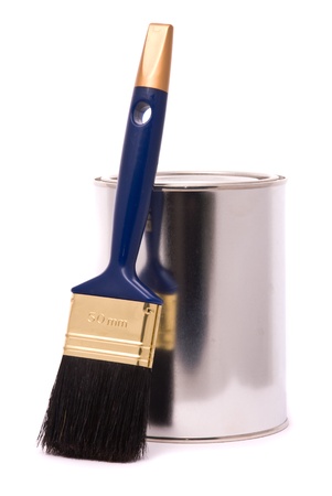 Can of paint and professional brush on a white.の写真素材