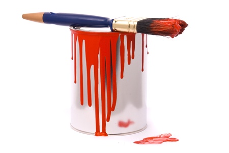 Can of red paint and professional brush on a whiteの写真素材
