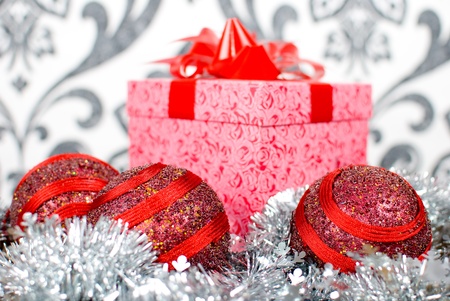 Christmas gift box with christmas balls. Small depth of fieldの写真素材