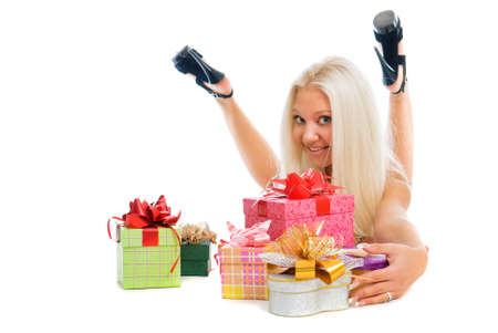 Beautiful sexy blond woman with present boxes on white backgroundの写真素材