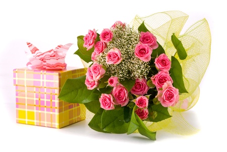Beautiful Roses bouquet and present box on white backgroundの写真素材