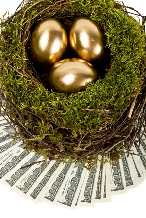 Three golden eggs in the nest. A symbol of making money and successful investment on white backgroundの写真素材