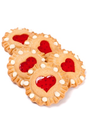 Festive heart cookies isolated on white backgroundの写真素材