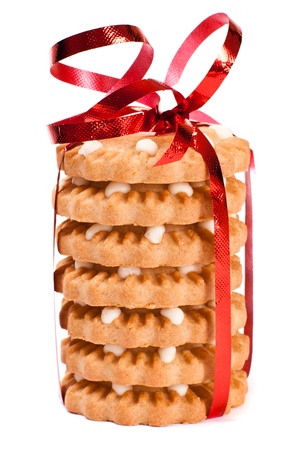 Festive heart cookies isolated on white backgroundの写真素材