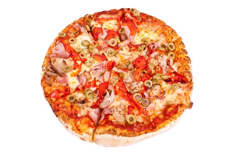 Excellent pizza with mozzarella, ham, pork, pickled peppers, olives isolated on white backgroundの写真素材