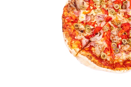 Excellent pizza with mozzarella, ham, pork, pickled peppers, olives isolated on white backgroundの写真素材