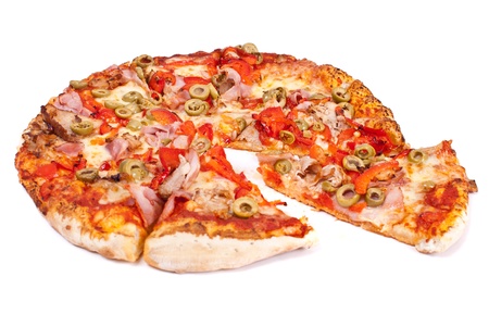 Excellent pizza with mozzarella, ham, pork, pickled peppers, olives isolated on white backgroundの写真素材