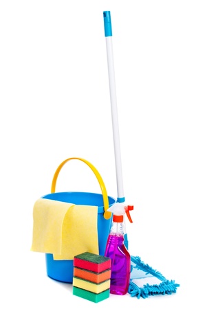 Mop and bucket. Isolated on white backgroundの写真素材